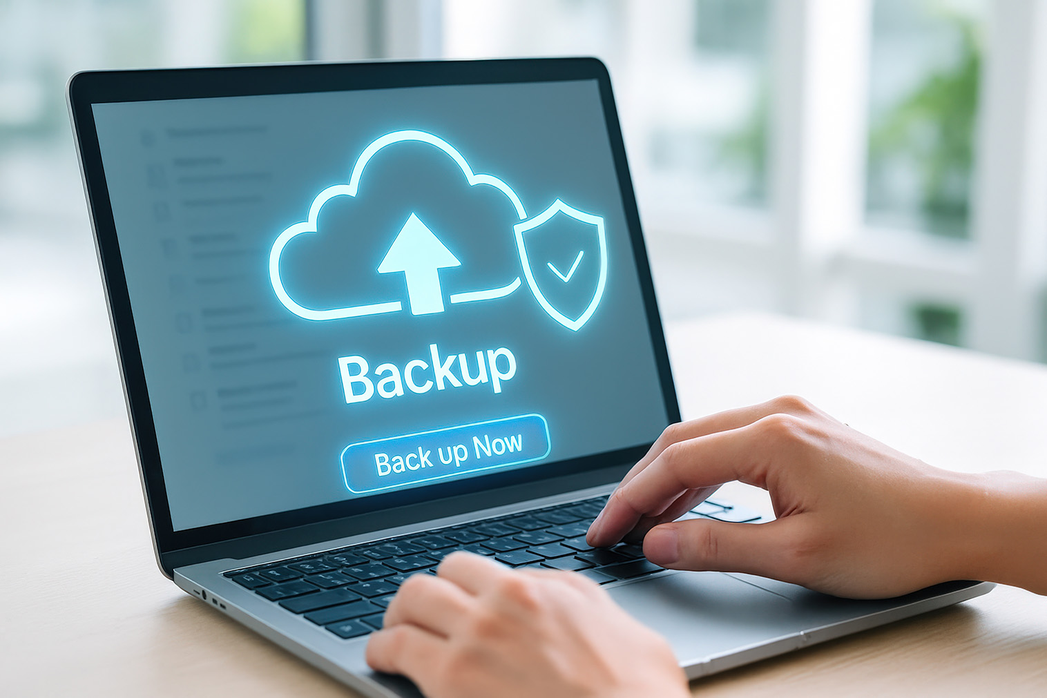 Person using a laptop displaying a cloud backup illustration