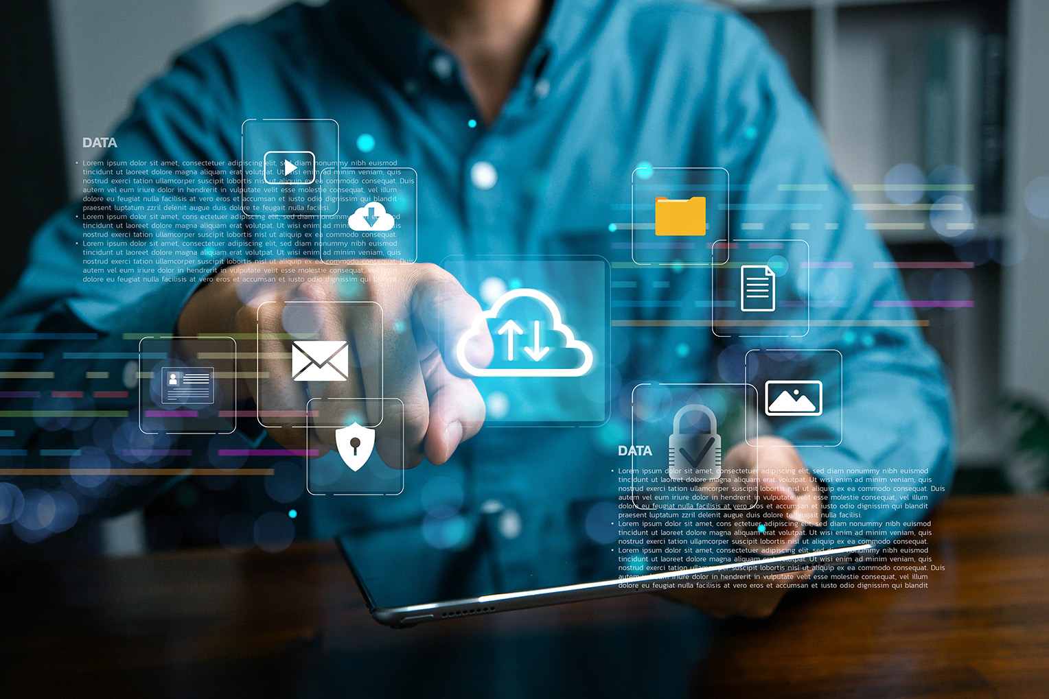 Person holding a tablet beneath illustrated cloud, file, email and security icons