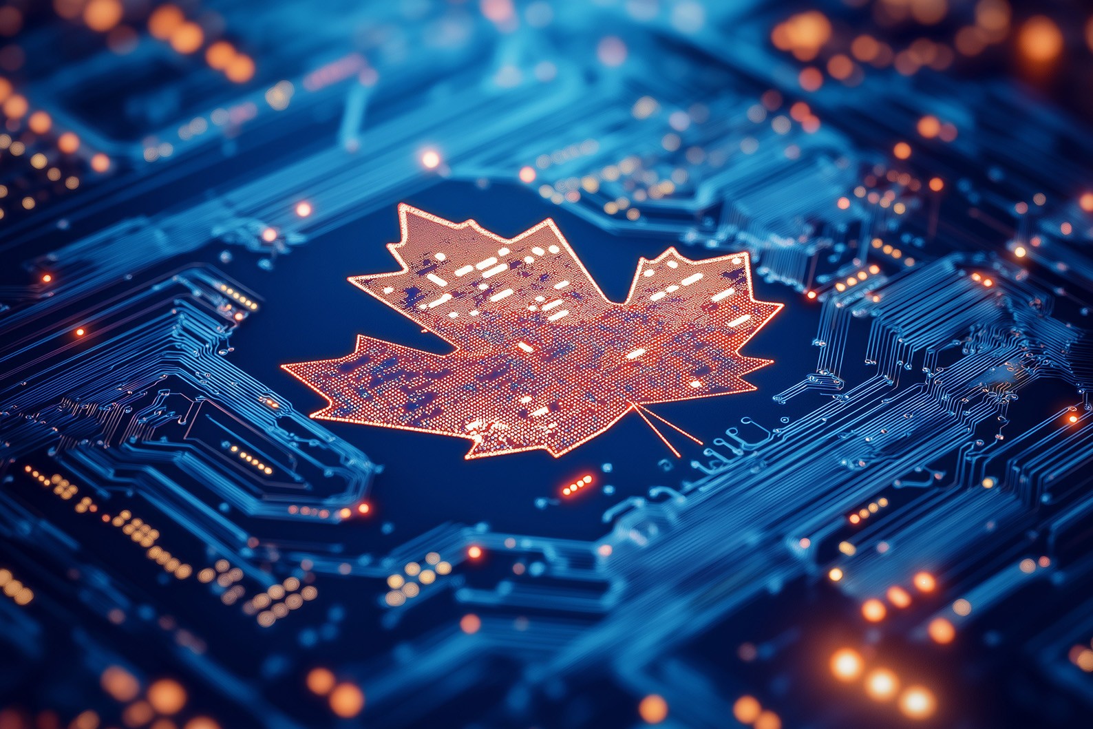 Glowing maple leaf over a blue circuit board