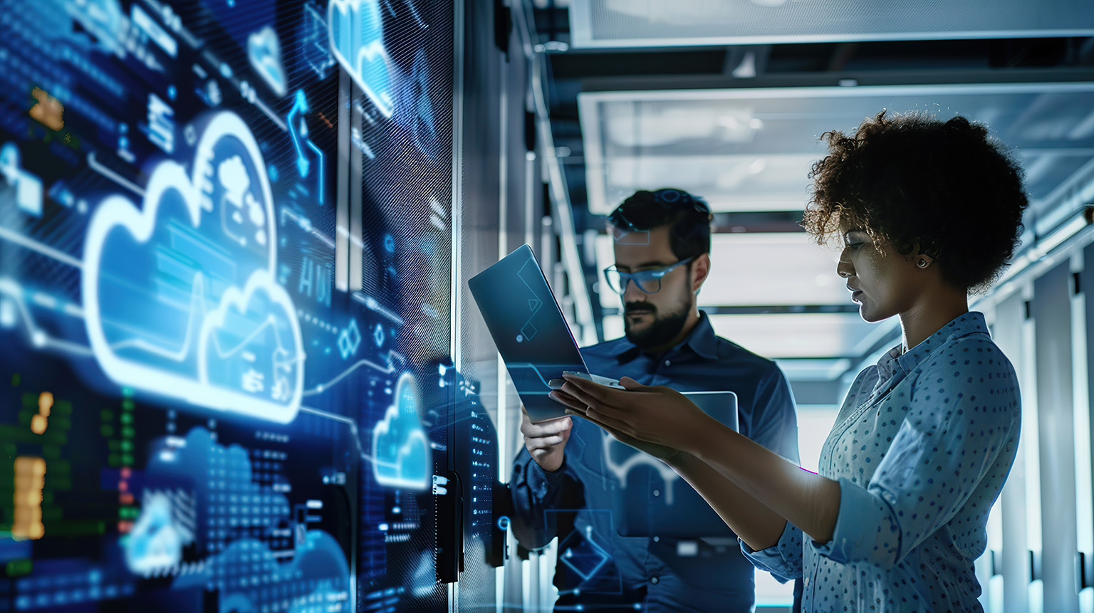 Two people reviewing a tablet beside server equipment and cloud graphics