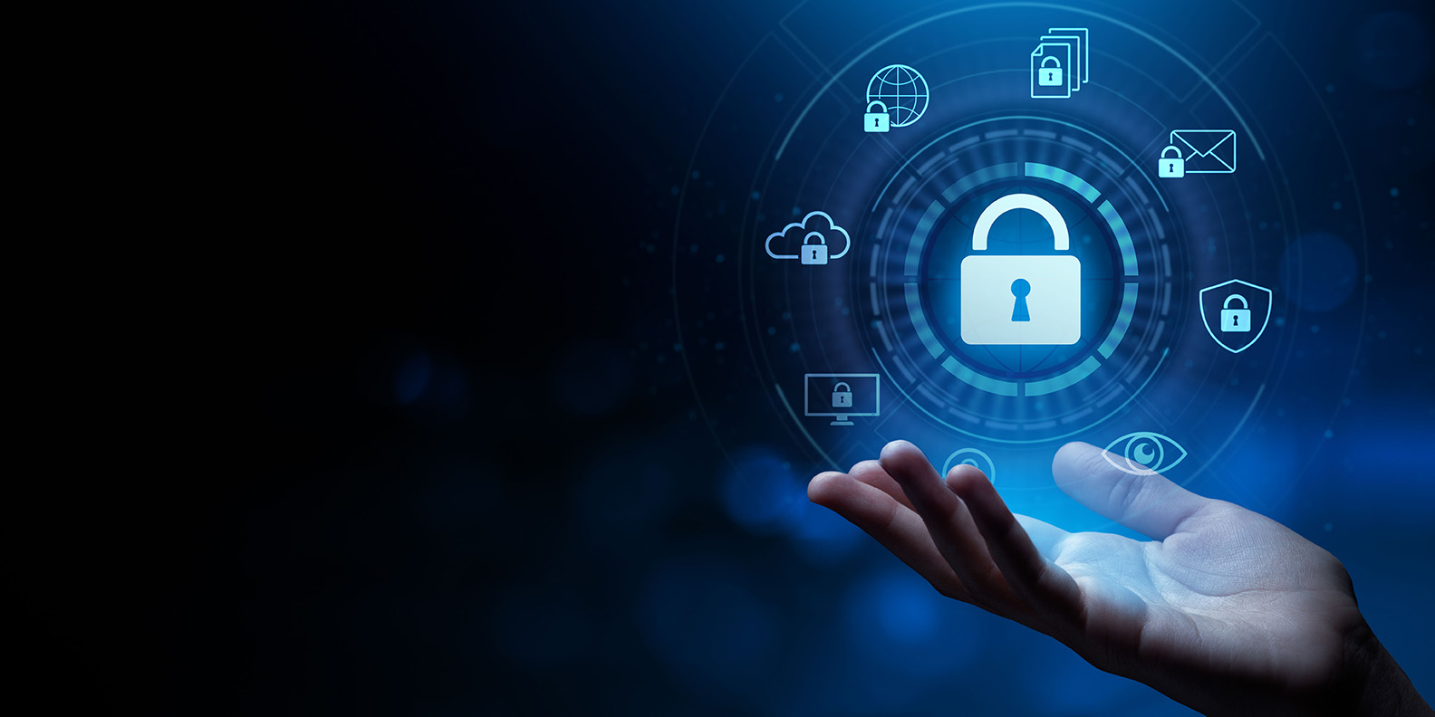 Hand beneath illustrated padlock and connected security icons