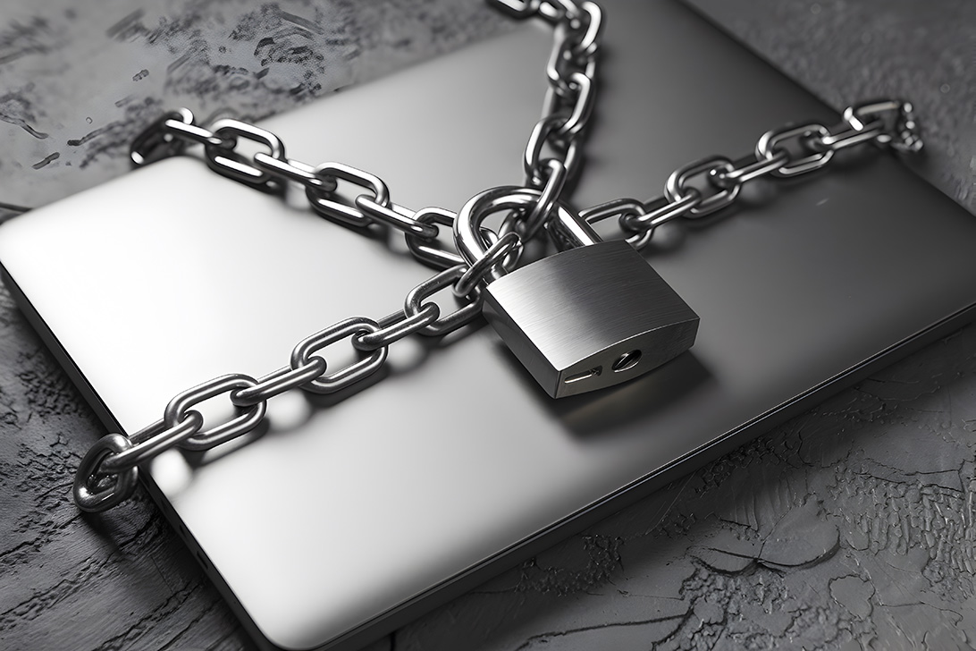 Laptop secured with a chain and padlock