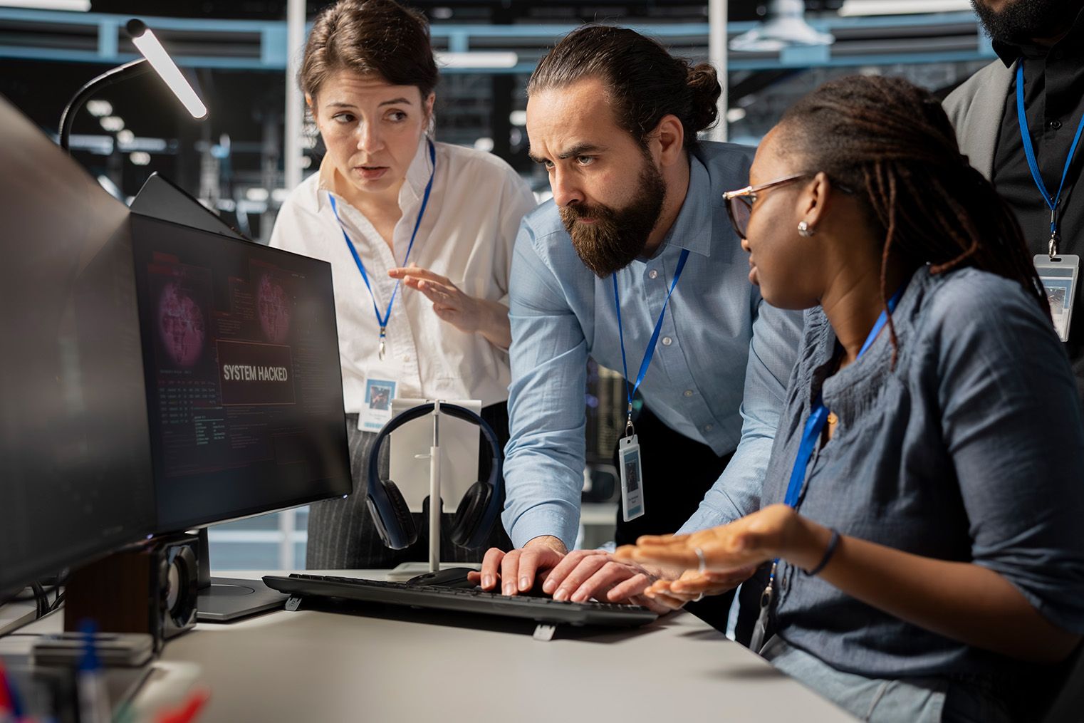 IT team examining computer screens during an incident-response scenario