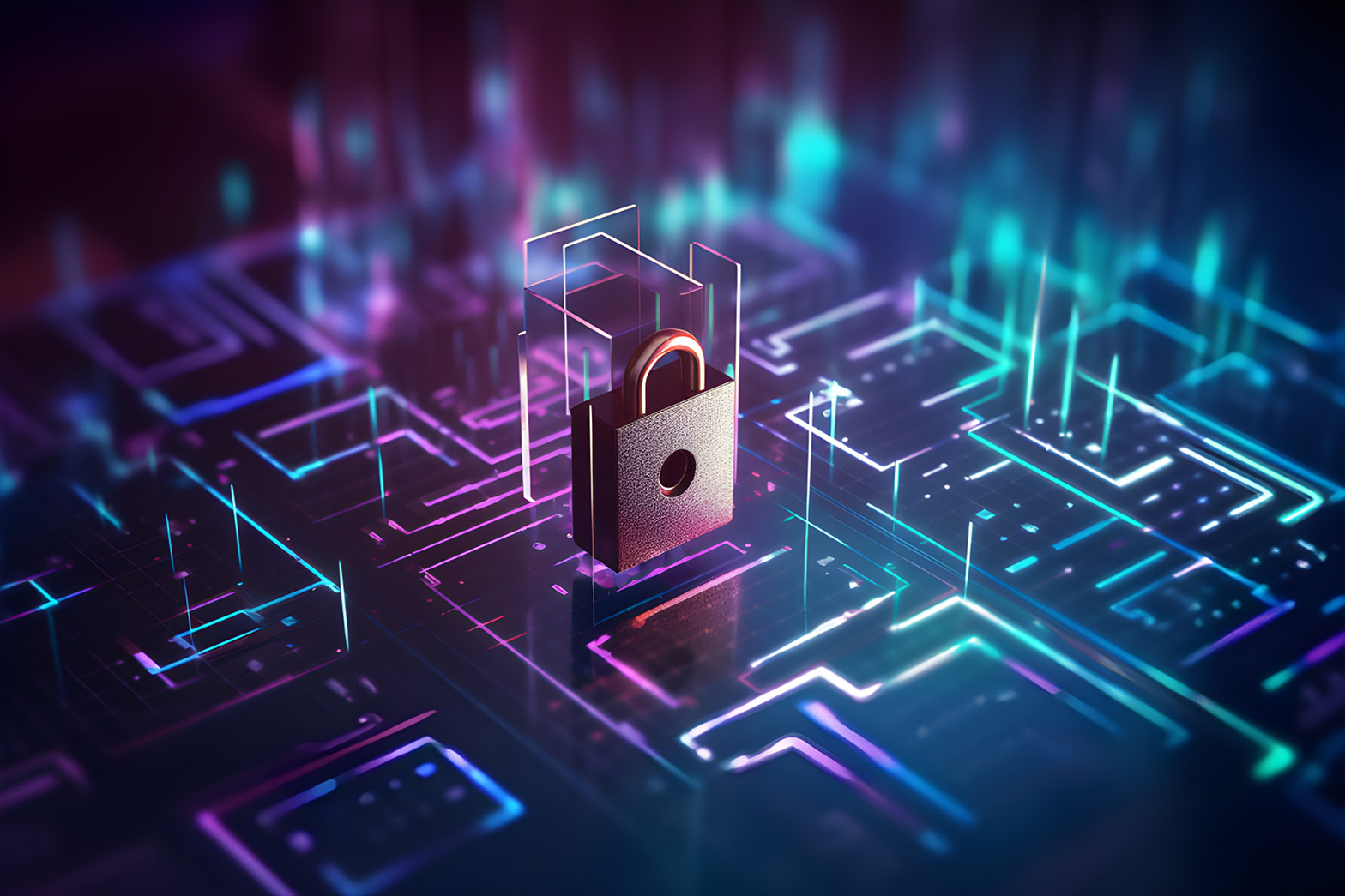 Padlock standing over an illuminated circuit-board illustration