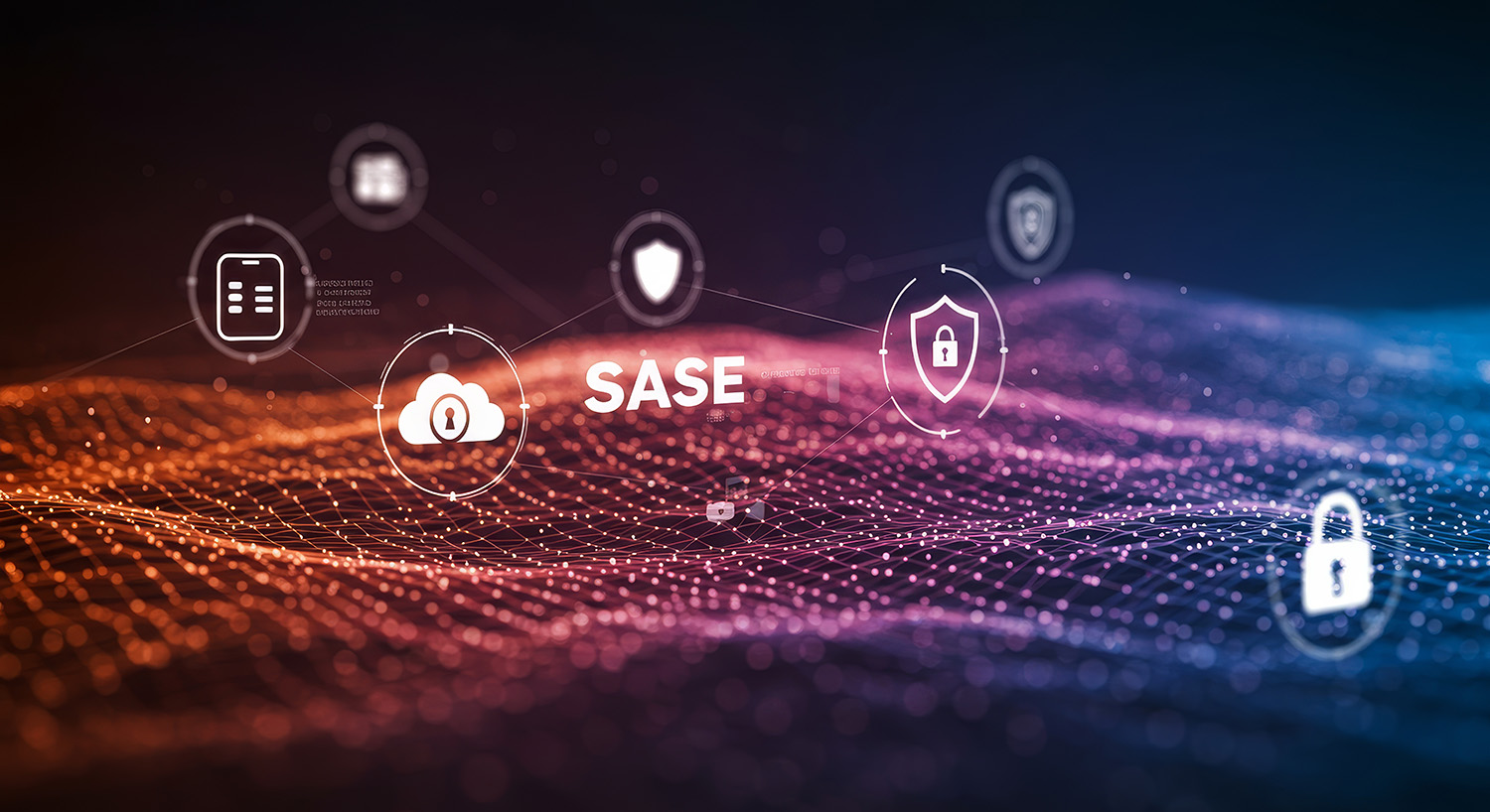 SASE label with cloud and padlock icons over a coloured network illustration