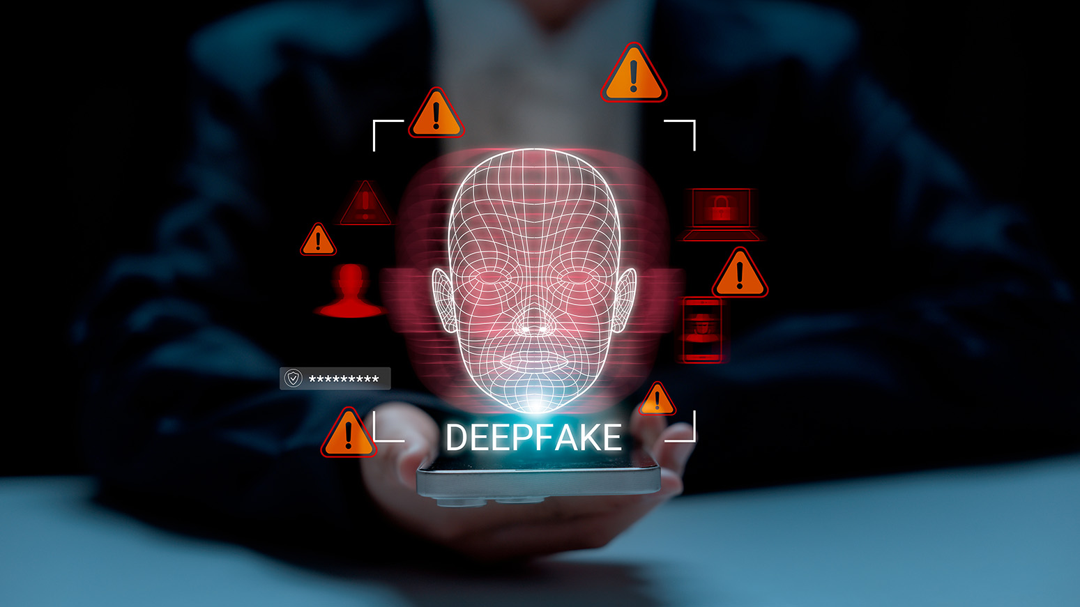 Deepfake warning graphic with a wireframe face above a phone
