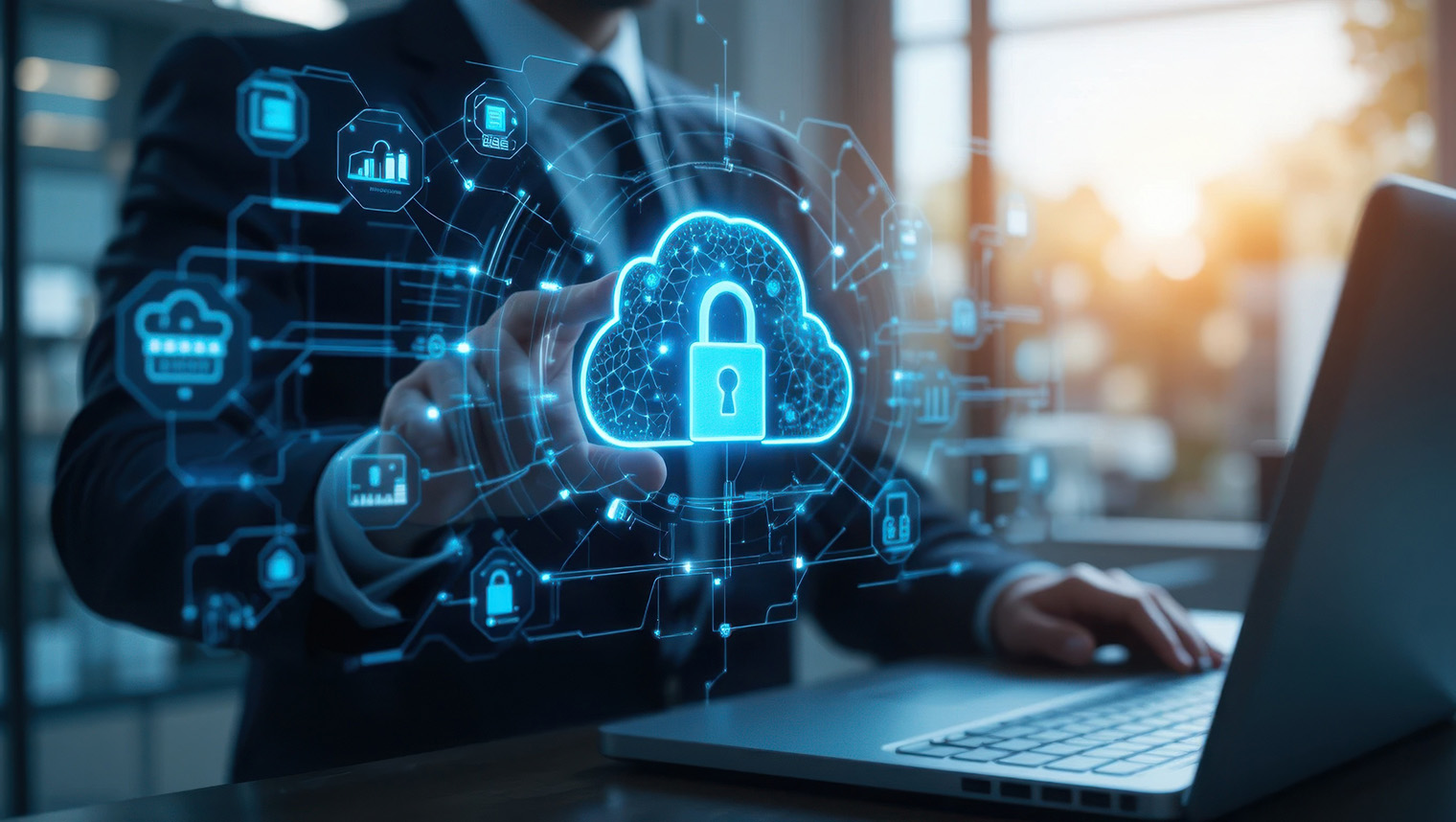 Person using a laptop with a cloud and padlock security illustration