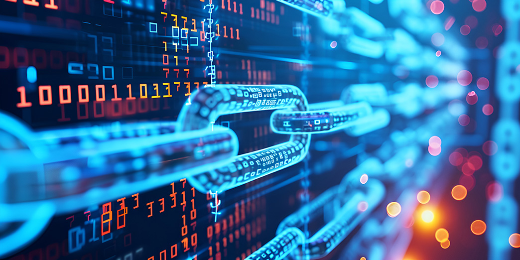 Illustration of a blue chain against a background of binary digits