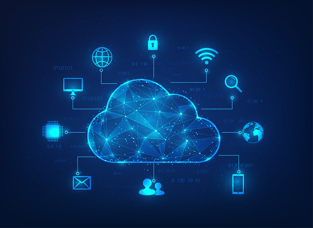 Illustration of a cloud connected to digital services and devices