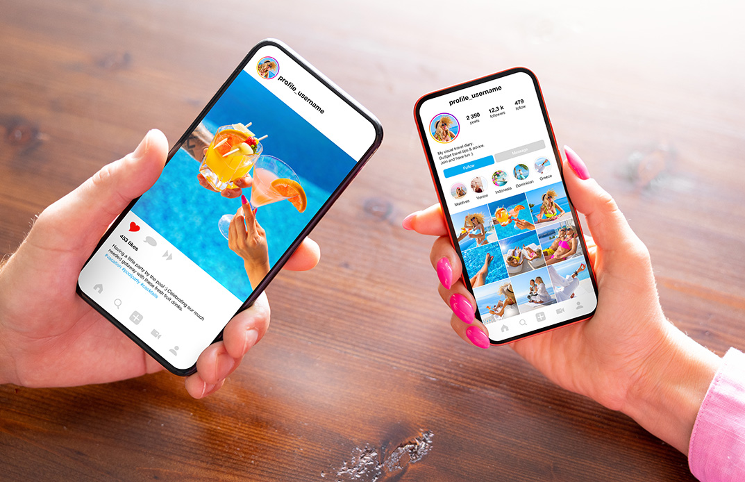 Two people holding phones showing an Instagram post and profile