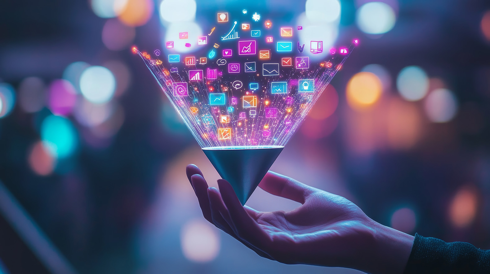Illustration of marketing messages entering a funnel held in a hand