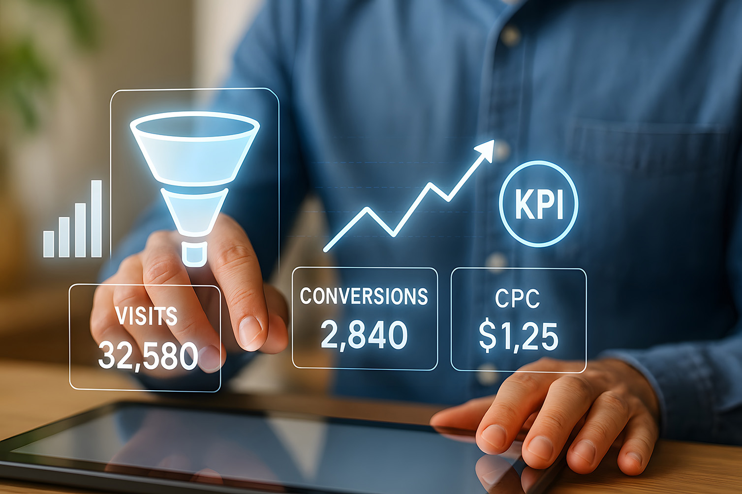 Illustrative dashboard showing visits, conversions and cost per click over a person using a tablet