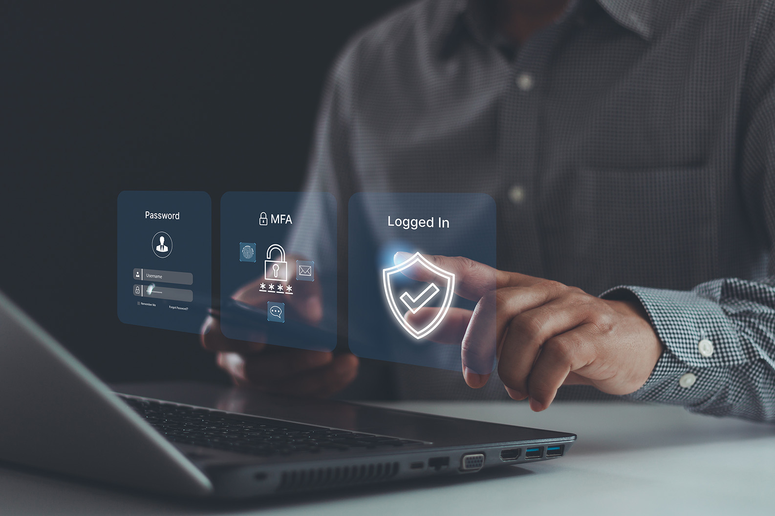 Person using a phone beside a laptop with illustrated authentication steps