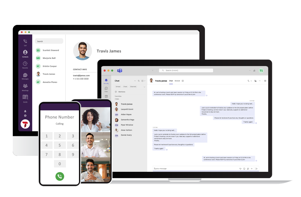 Illustration of calling, chat and video tools shown on a desktop monitor, laptop and phone