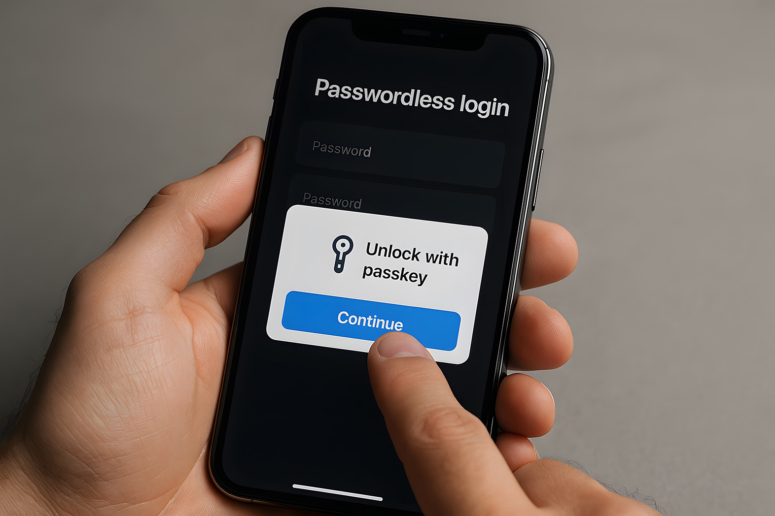 Phone displaying an illustrative Unlock with passkey prompt