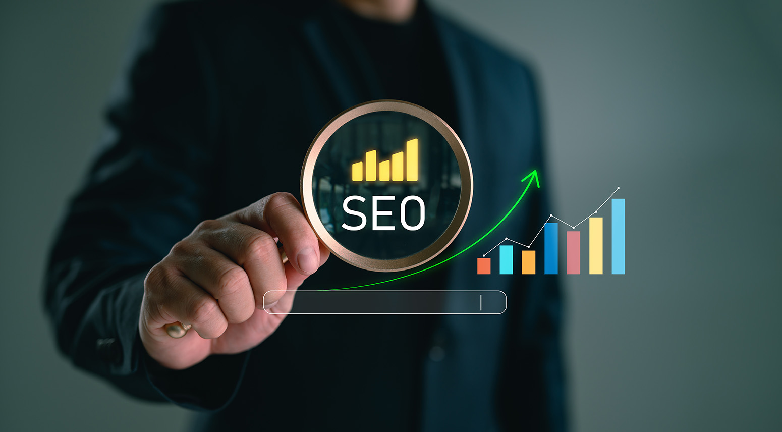 Person holding a magnifying glass over an SEO illustration