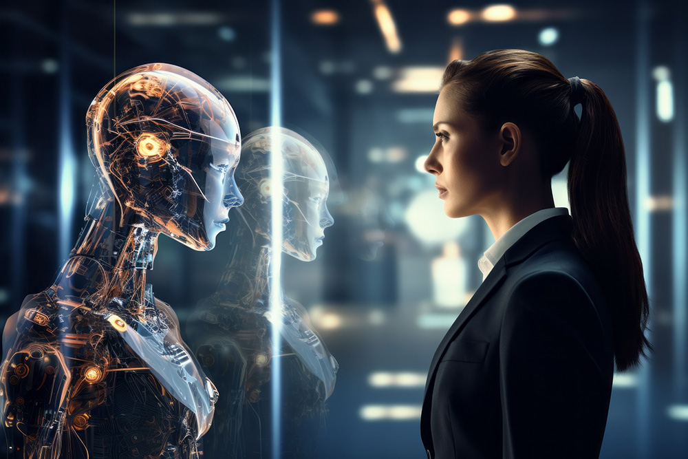 Illustration of a businesswoman facing a humanoid robot
