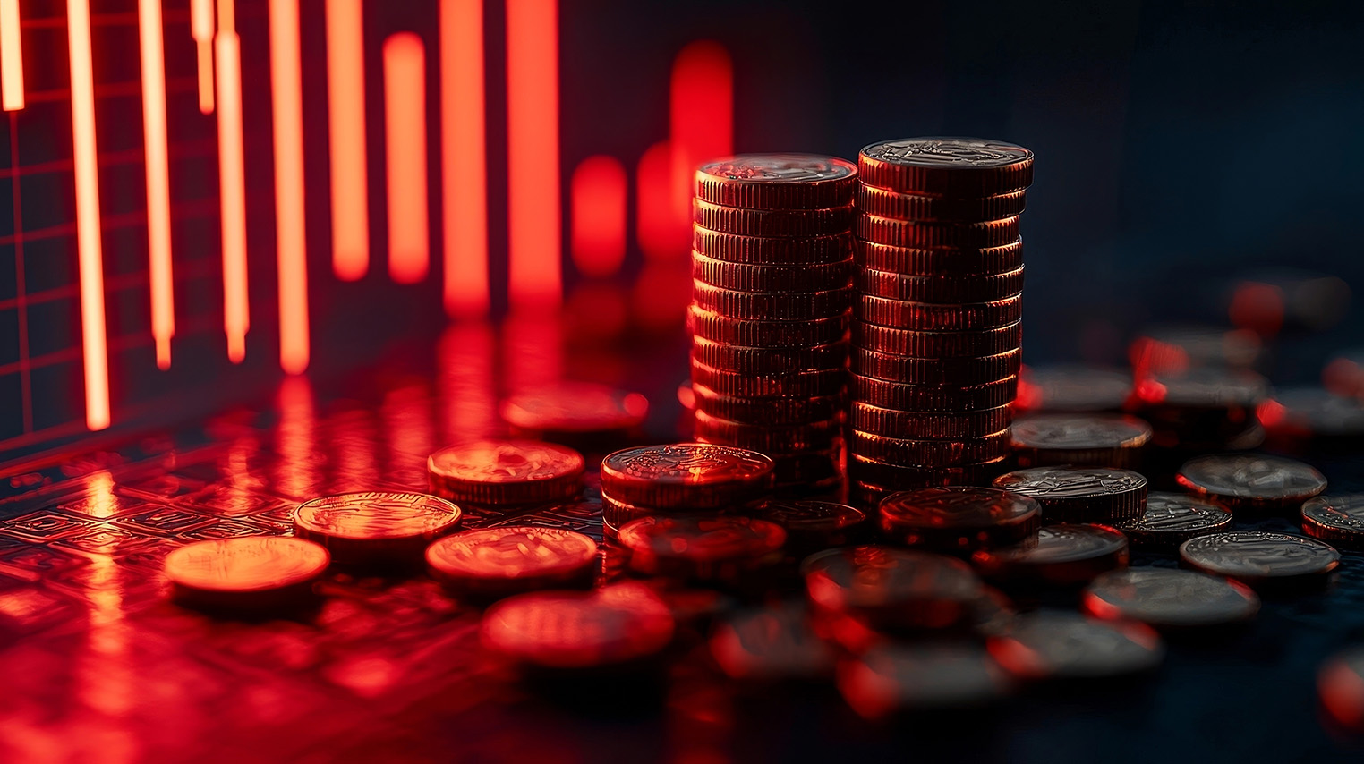 Stacks of coins in front of a red financial chart