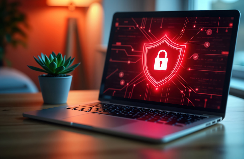 Laptop displaying a glowing lock and shield graphic