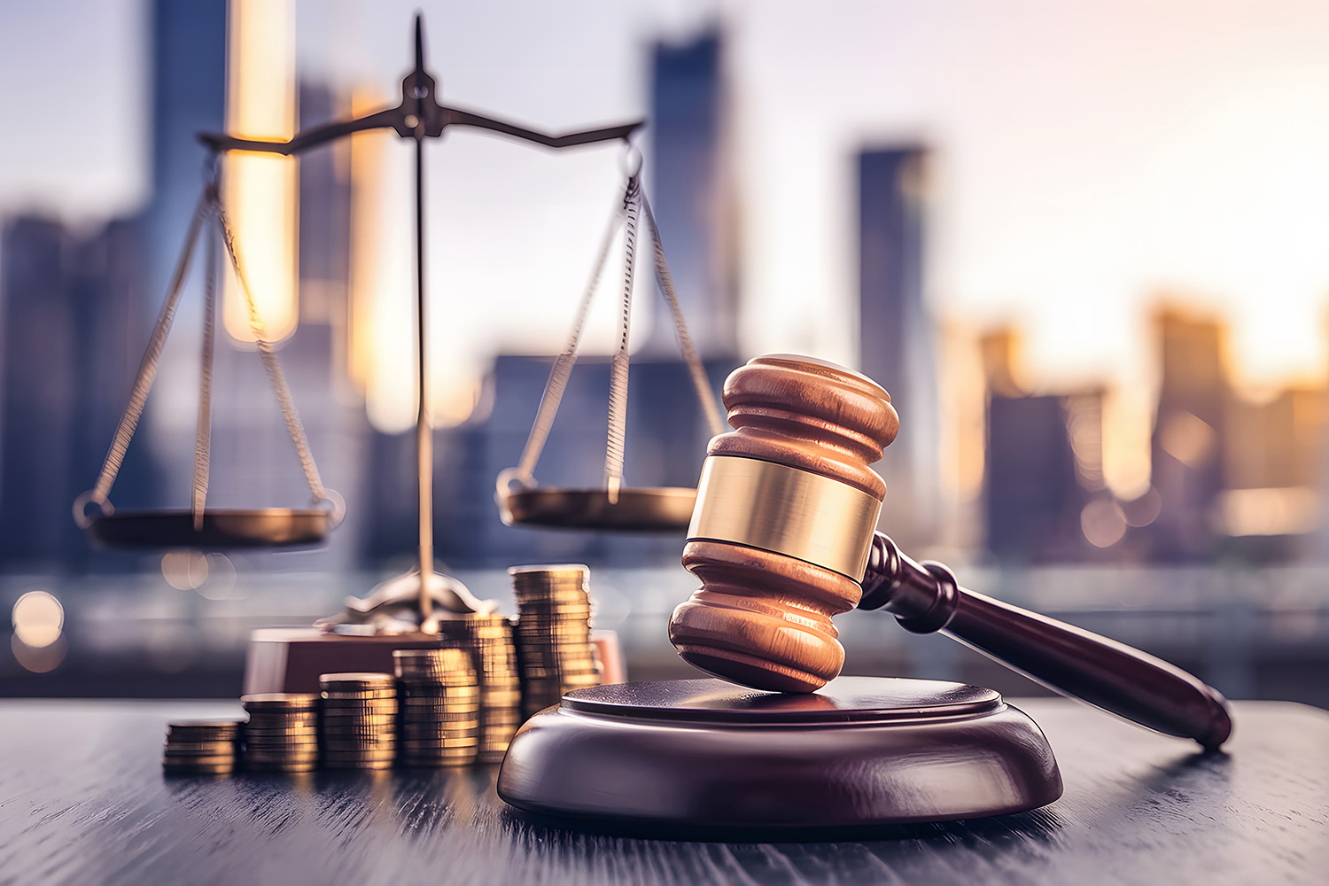 Gavel, scales of justice and stacks of coins against a city backdrop