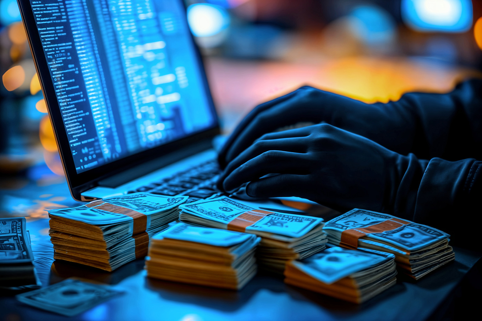 Illustration of gloved hands at a laptop beside stacks of banknotes