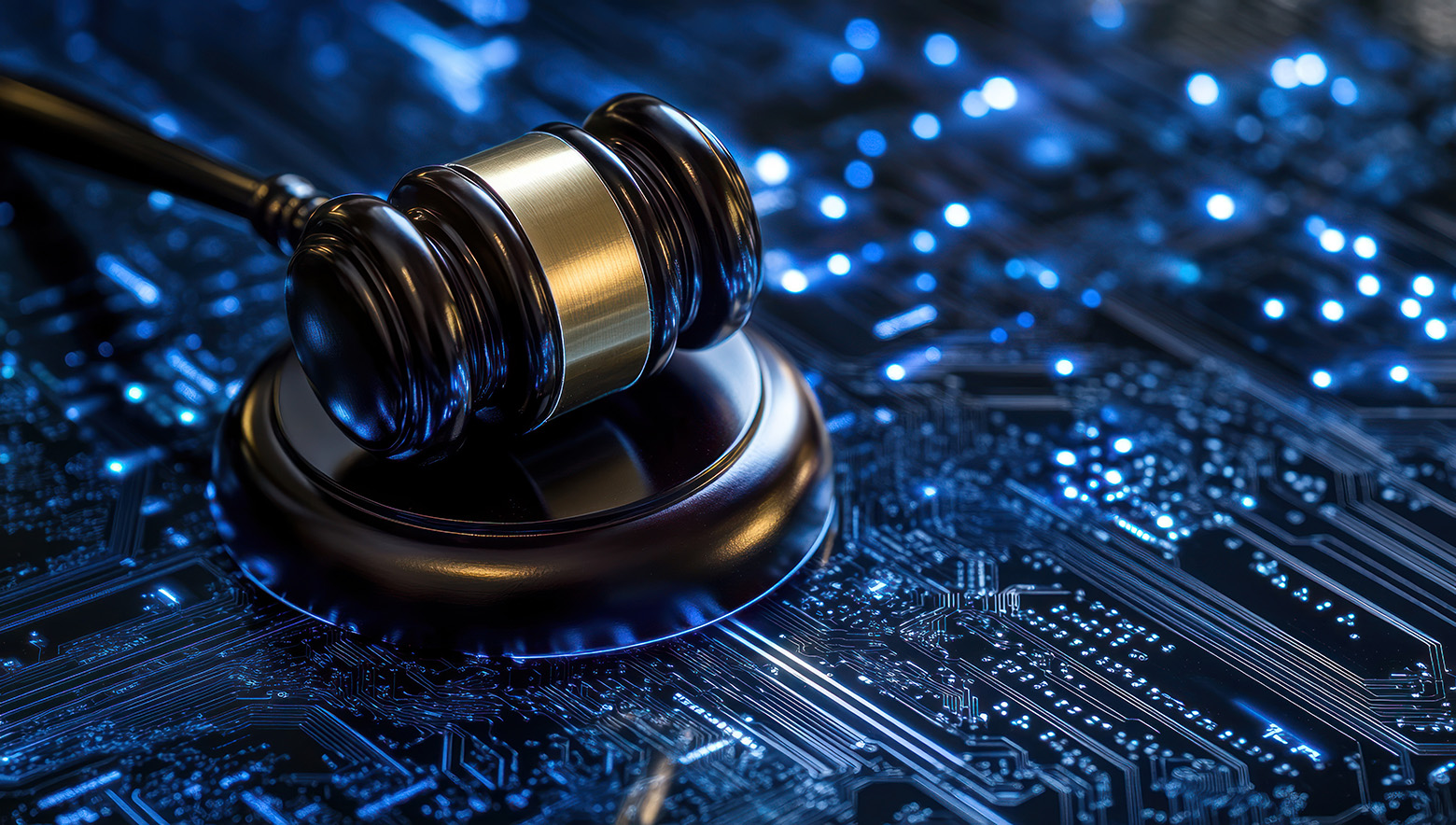 Illustration of a judge’s gavel resting on a blue circuit board